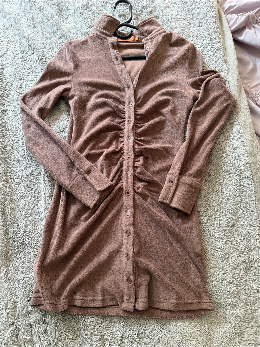 Ruched Button-Front Long Sleeve Dress in Brown